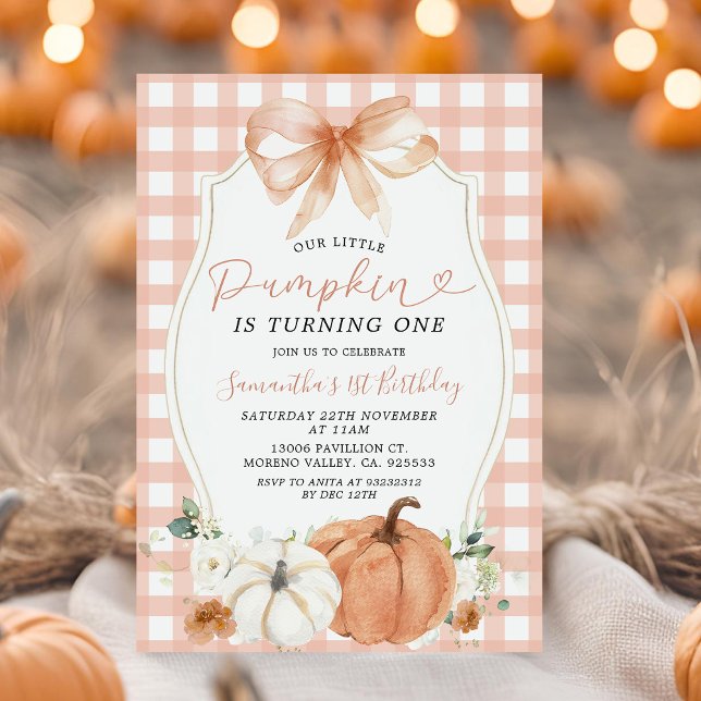 Orange Little Pumpkin Fall Gingham First Birthday Inbjudningar (Skapare uppladdad)