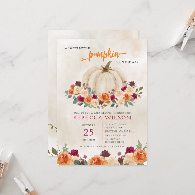 Orange Little Pumpkin Gender Neutral Baby Shower Inbjudningar (Fram/Back In Situ)