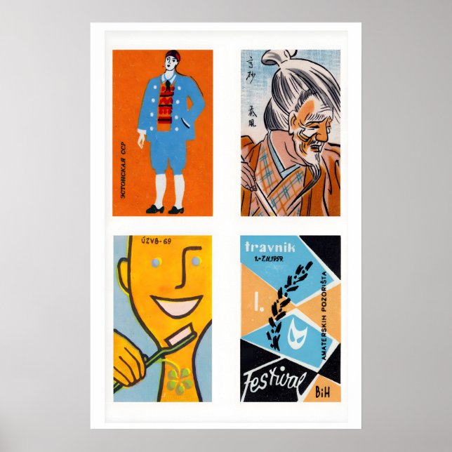 Orange & Ljusblå Tändsticks Etikett Rutnätstryck Poster (Framsidan)