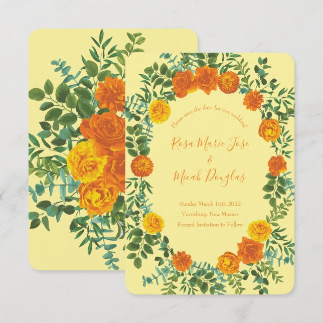 Orange & Ljusgul Peony Rose Bröllops klara datum Inbjudningar (Fram/baksida)