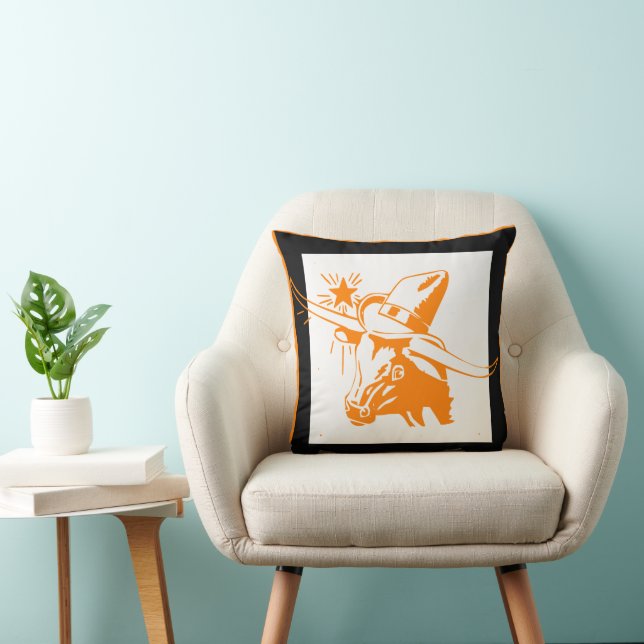 Orange Longhorn Steer med Cowboy Hat Kudde (Stol)