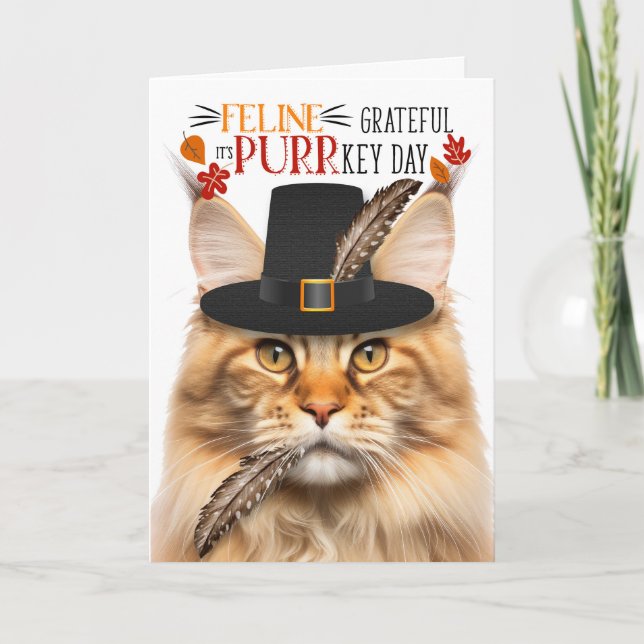 Orange Maine Coon Cat Gratish för PURR-nyckeldagen Helgkort (Framsida)