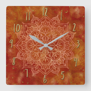 Orange Mandala & Guld Glam Modern Chic Fyrkantig Klocka