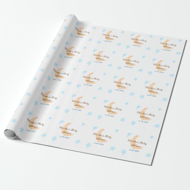 Orange måne blå stjärnor glitter babydusch gnistra presentpapper (Utrullad)