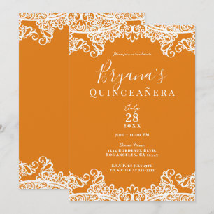 Orange Mango & Vitt Spets Elegant Quinceañera Inbjudningar