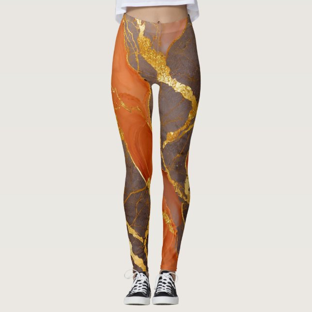 Orange Marble Mönster med Guld Leggings (Framsida)
