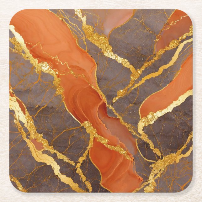 Orange Marble Mönster med Guld Underlägg Papper Kvadrat (Framsidan)