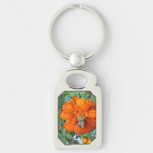 Orange Marigold Bee Flower Rektangulärt Silverfärgad Nyckelring (Framsidan)