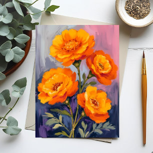 Orange Marigold Blommor Akvarell Blommålning Vykort