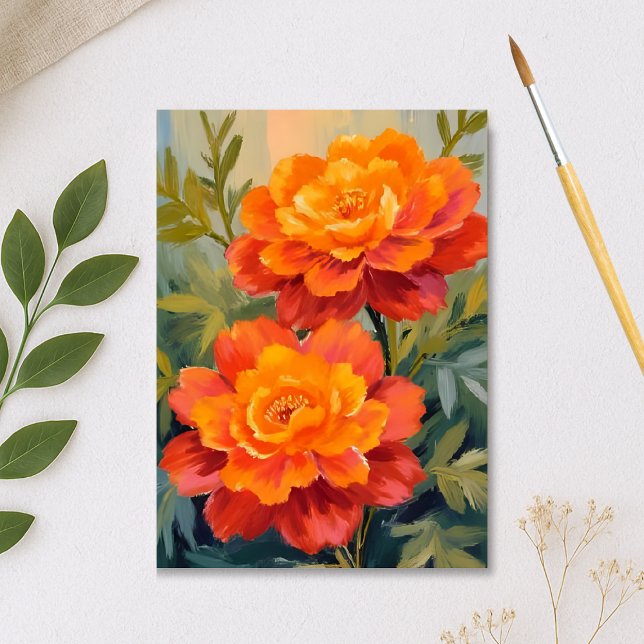 Orange Marigold Blommor Vattenfärg Botanisk Vykort (Skapare uppladdad)