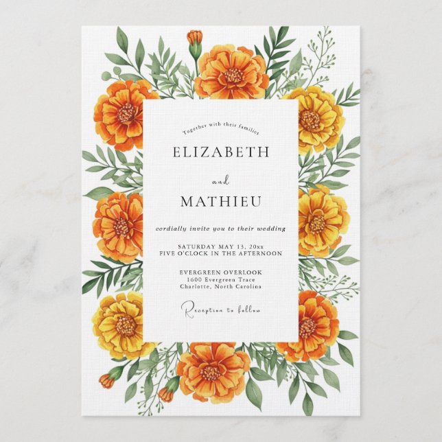 Orange Marigold Botanical Flourish Wedding Inbjudningar (Framsida)