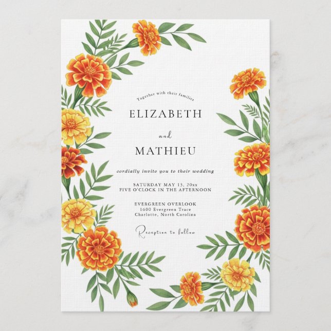 Orange Marigold Botanical Wedding Inbjudningar (Framsida)