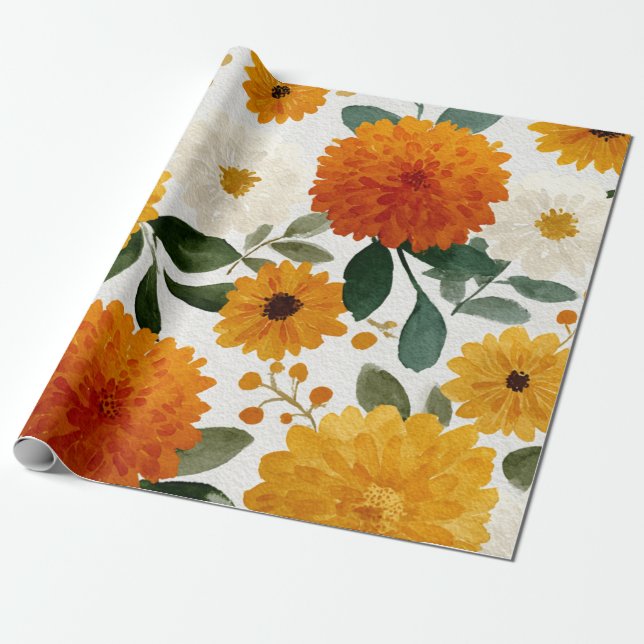 Orange Marigold Botanisk Floral Akvarell Höst Presentpapper (Utrullad)