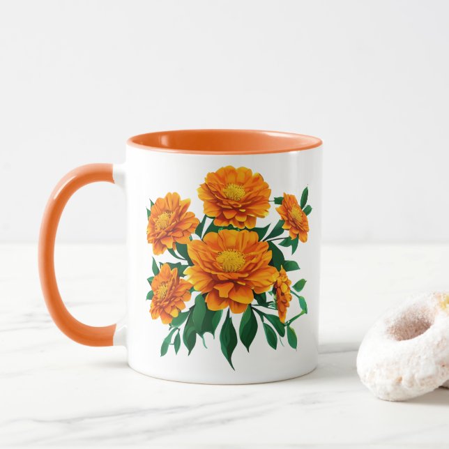 Orange Marigold Bouquet med Grönt Löv Mugg (Med munk)