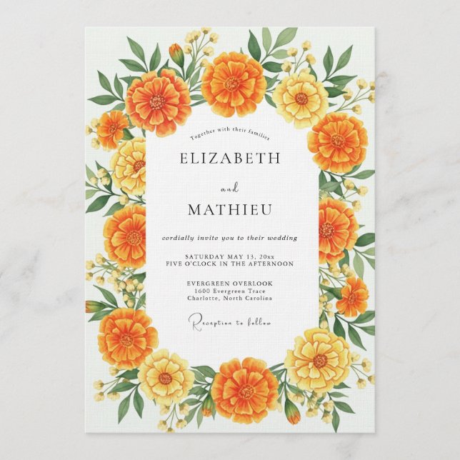 Orange Marigold Floral Whimsy Wedding Inbjudningar (Framsida)