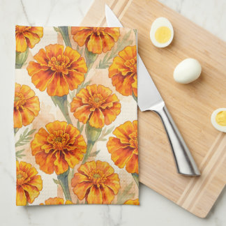 Orange marigold flowers pattern kökshandduk