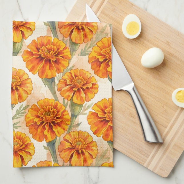 Orange marigold flowers pattern kökshandduk (Vikt i Fjärdedel)