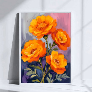 Orange Marigoldblommor Akvarell Blommålning Poster