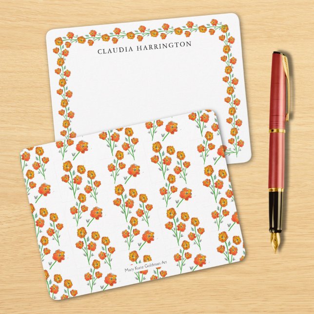 Orange Marigolds Hand-Illustrated Blommigt Botanic Anteckningskort (The reverse of the card is my handcrafted marigold pattern. These cards are perfect for quick notes.)