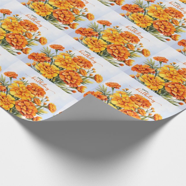 Orange Marigolds i Fullt Bloom Grattis på födelsed Presentpapper (Hörn)