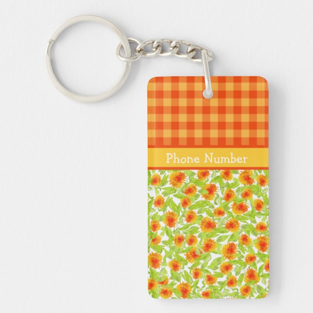 Orange Marigolds och Check Gingham Oblong Keychain Nyckelring (Framsidan)