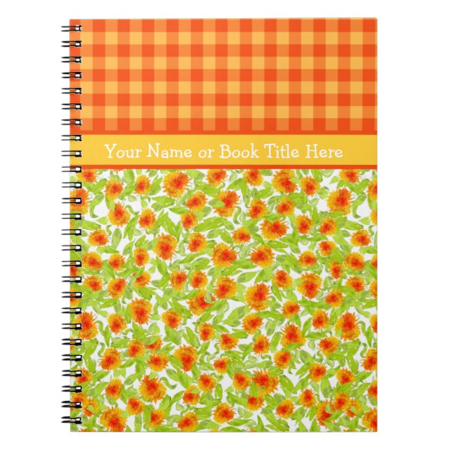 Orange Marigolds och Check Gingham Spiral Notebook Anteckningsbok (Framsidan)