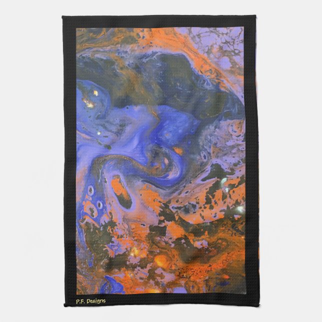 Orange, marin, blå brun Abstrakt svart akryl Kökshandduk (Vertikal)