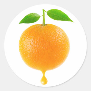 Orange med droppe juice runt klistermärke