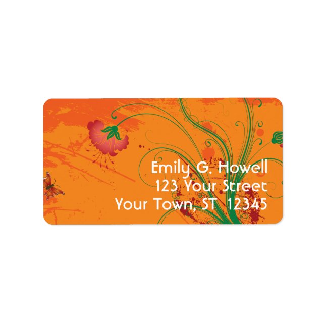Orange med Red Flowers-etikett Adressetikett (Framsidan)