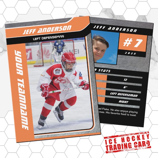 Orange Metal Ishockey Samlarkort (Hockey Trading Card with custom team name and hockey player name in Orange and Metal)