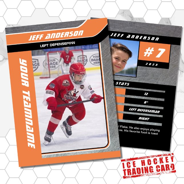 Orange Metall Ishockey Trading Card (Hockey Trading Card with custom team name and hockey player name in Orange and Metal)