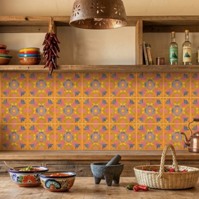 Orange mexikanska blommor spanska kakelplatta (Skapare uppladdad)