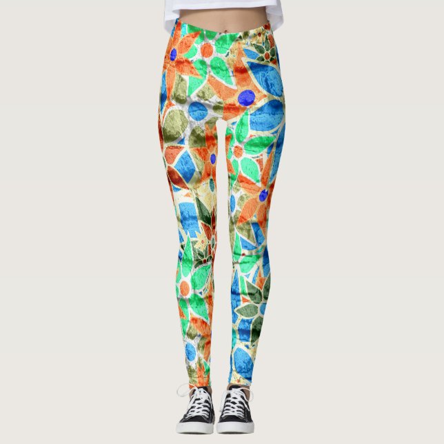 Orange Mint Blue-Blommigt Leggings (Framsida)