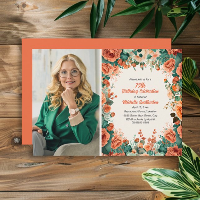 Orange Mint Grön Blommig 75-årsdag Foto Inbjudningar (Orange watercolor floral photo 75th birthday party invitation)