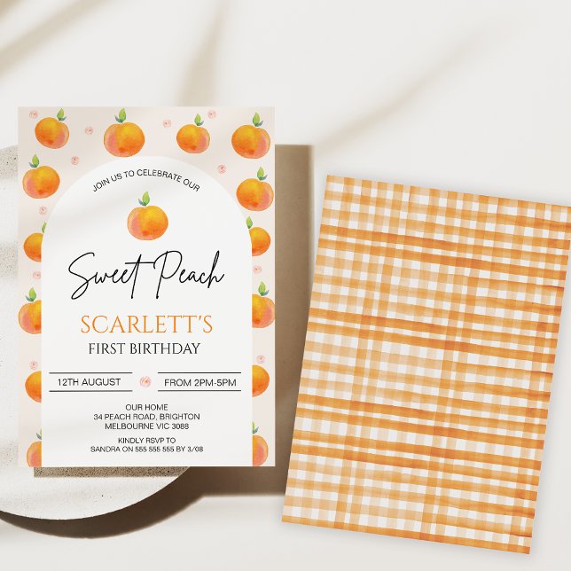 Orange Modern Arch vår Sweet Peach 1st Birthday Inbjudningar (Arch Girls Our Sweet Peach Birthday Invitations, Little Peach invite, 1st Birthday Invitations Girl )