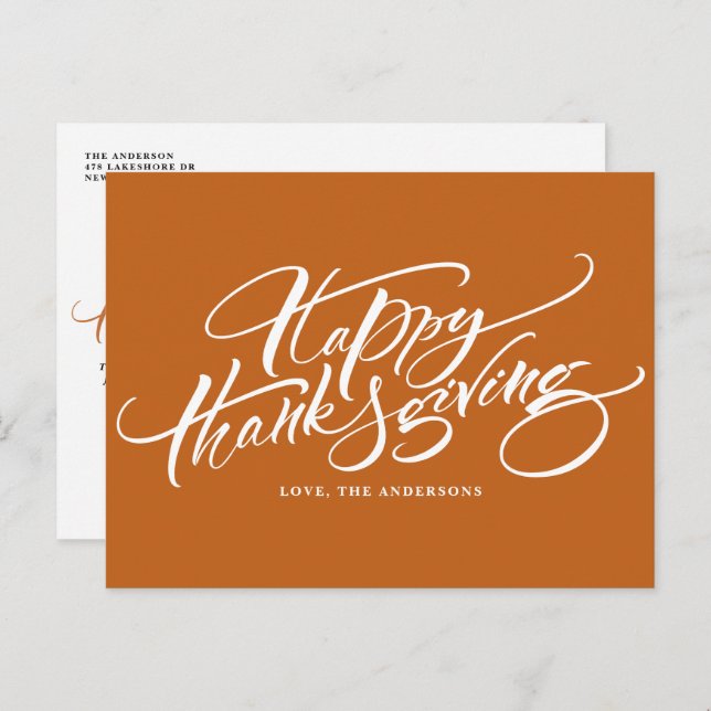 Orange Modern Calligraphy Happy thanksgiving Helg Vykort (Fram/baksida)