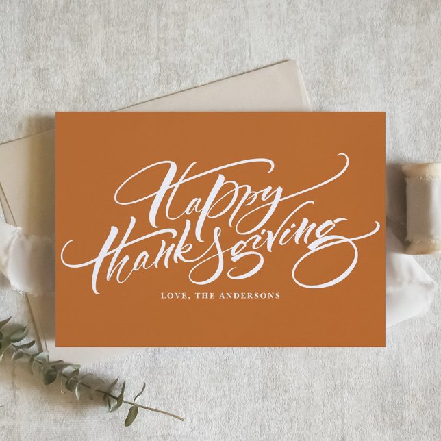 Orange Modern Calligraphy Happy thanksgiving Julkort (Skapare uppladdad)
