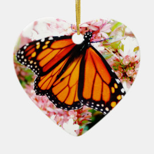 Orange Monarch på rosa blommor Julgransprydnad Keramik