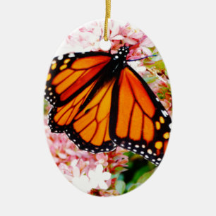 Orange Monarch på rosa blommor Julgransprydnad Keramik