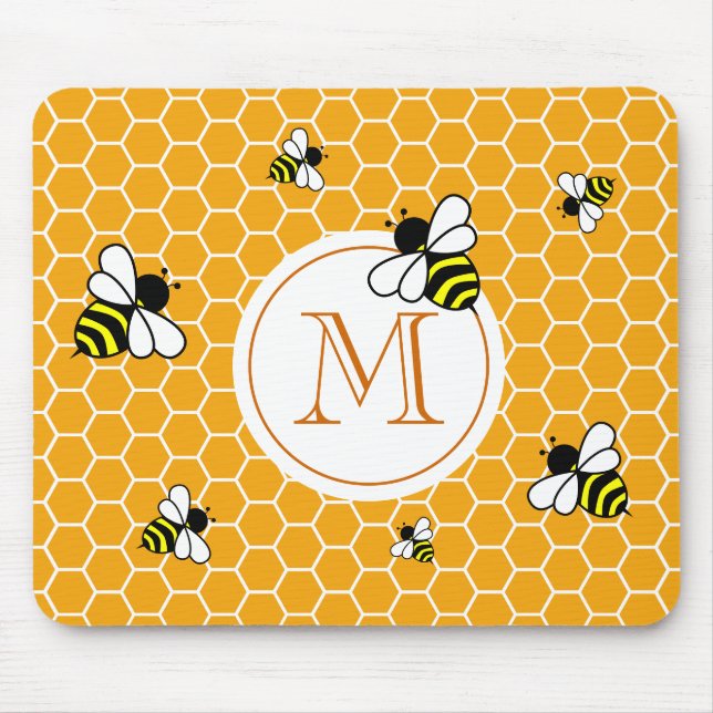 Orange Monogram Bees Honeycomb Mönster Musmatta (Framsidan)