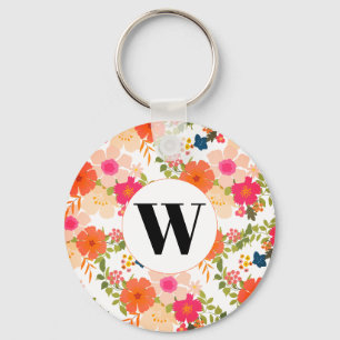 Orange Monogram Blommigt Vattenfärg Nyckelring