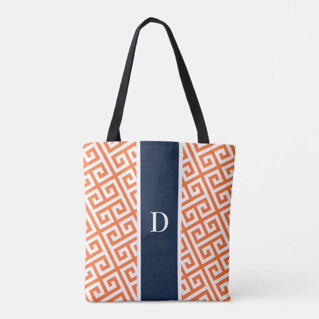 Orange Monogram Grekiska Nyckel Tote Bag Tygkasse (Baksida)