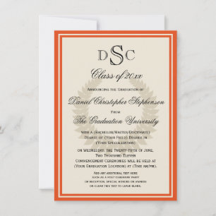 Orange Monogram Laurel Classic College Graduation Inbjudningar