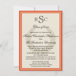 Orange Monogram Laurel Classic College Graduation Inbjudningar