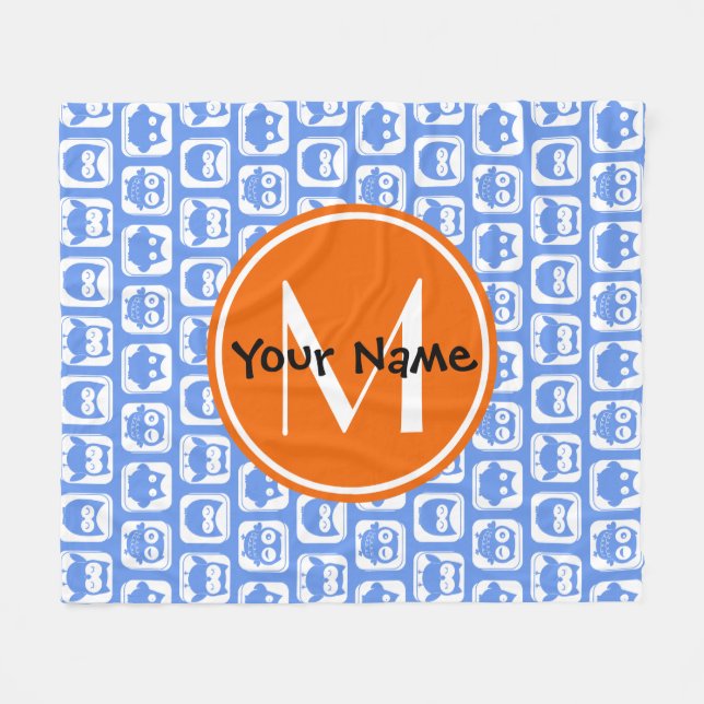 Orange Monogram Personlig Namn Blue Uggla Fleecefilt (Framsidan (Horisontell))