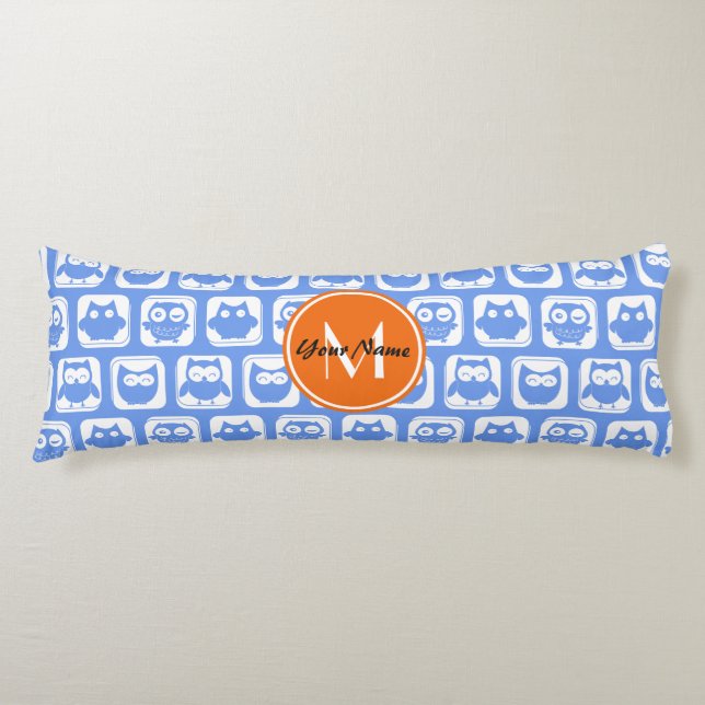 Orange Monogram Personlig Namn Blue Uggla Kroppskudde (Framsidan)