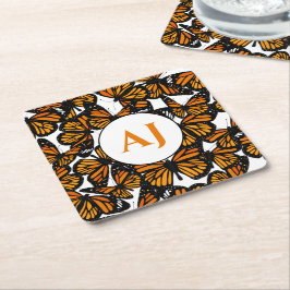 Orange Monogrammed Tropical Butterfly Underlägg Papper Kvadrat