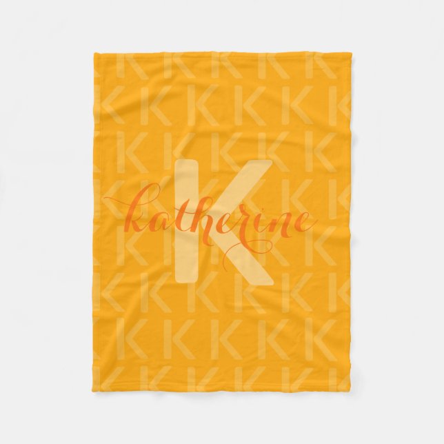 Orange Monogrammuster Skriptnamn Fleecefilt (Framsidan)