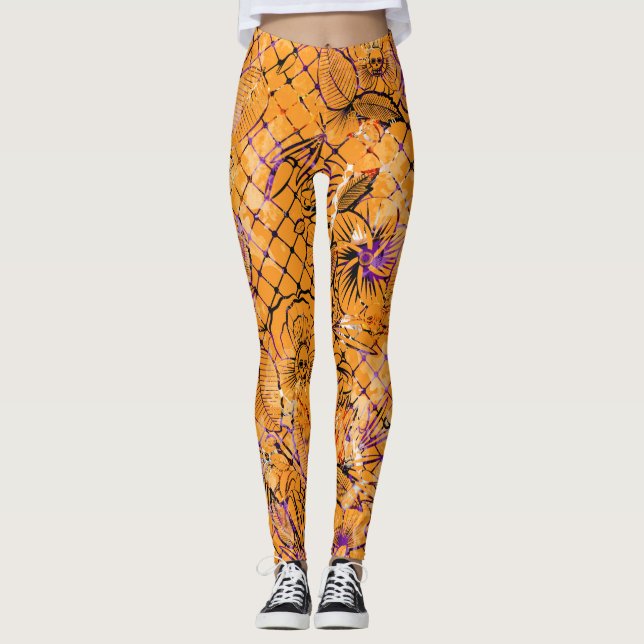 Orange Mönster Halloween Leggings (Framsida)