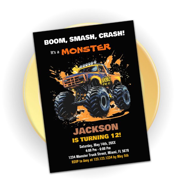 Orange Monster Lastbil Birthday-inbjudningar, svar Inbjudningar (Orange Monster Truck Birthday Invitations Black)